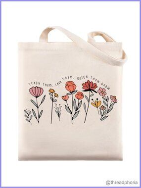 Canvas Tote Bag Flower Print Teacher Gift Shoulder Bag